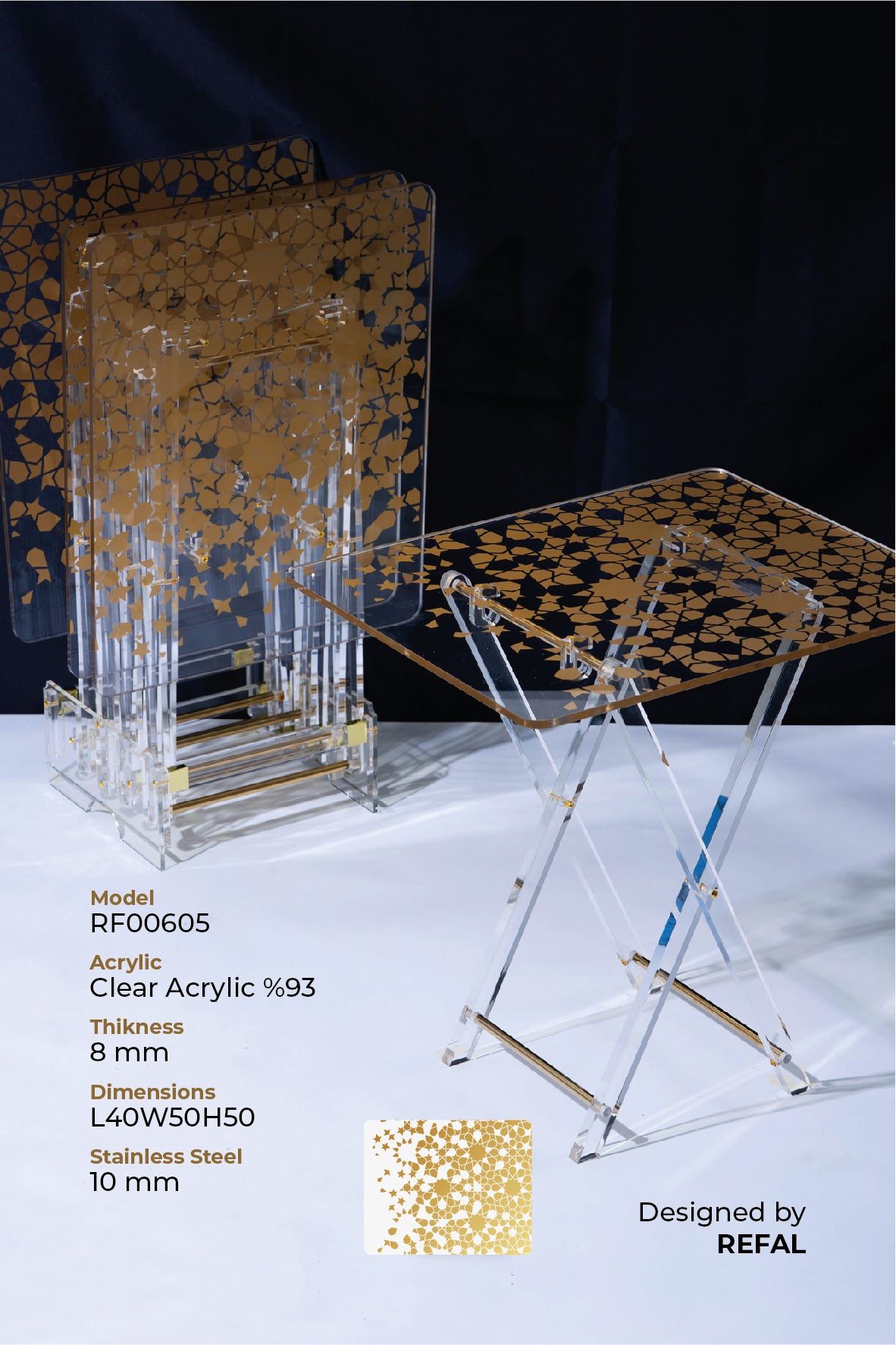طقم 4 طاولات قهوة اكريليك تصميم مستطيل مع حامل من ريفال شفاف ذهبي RF00605