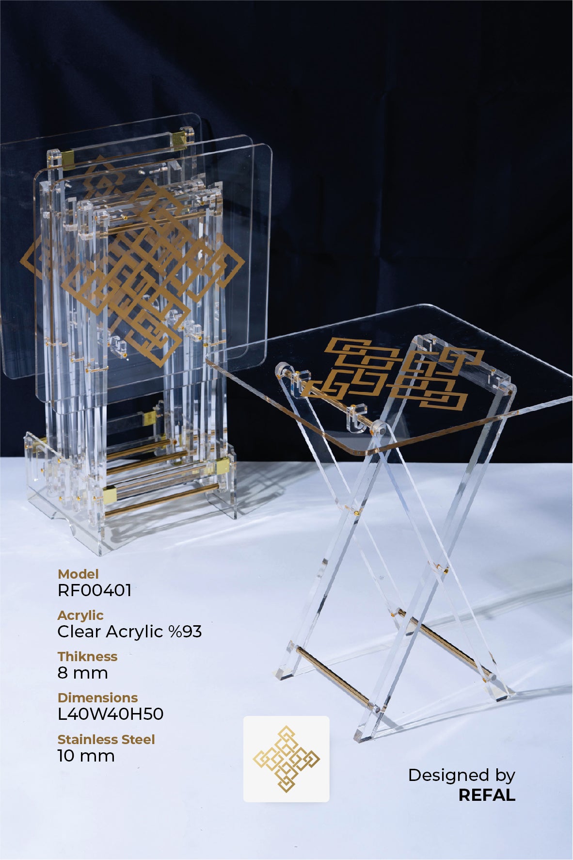 طقم 4 طاولات قهوة اكريليك تصميم مربع مع حامل من ريفال شفاف ذهبي RF00401