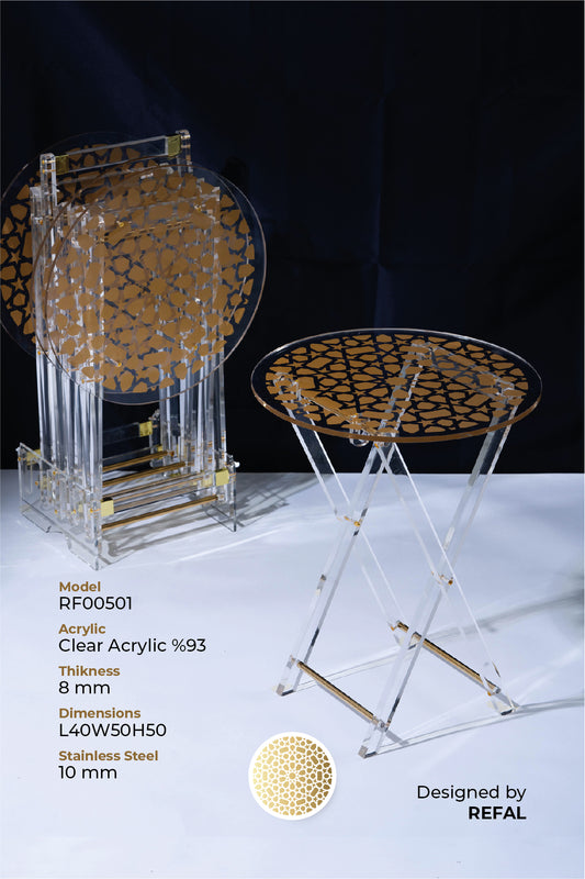 طقم 4 طاولات قهوة اكريليك تصميم دائري مع حامل من ريفال شفاف ذهبي RF00501