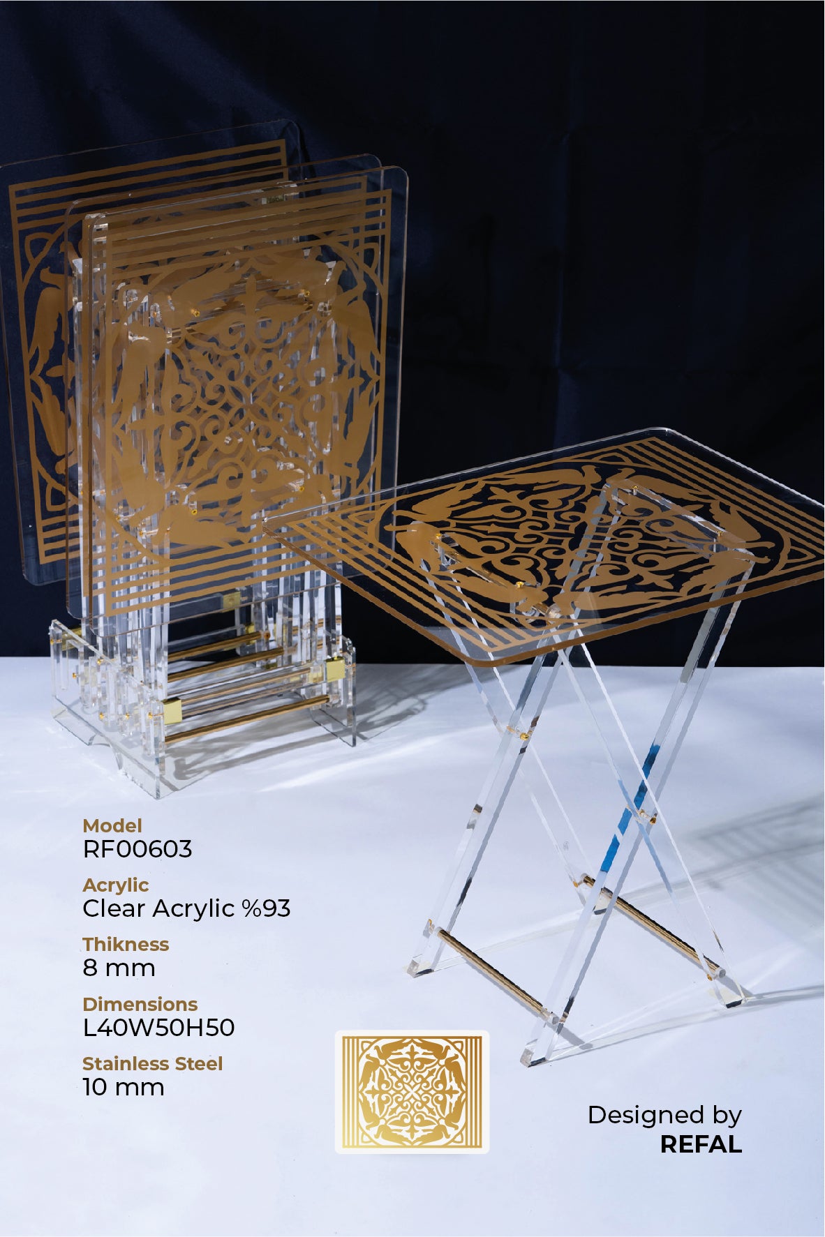 طقم 4 طاولات قهوة اكريليك تصميم مستطيل مع حامل من ريفال شفاف ذهبي RF00603
