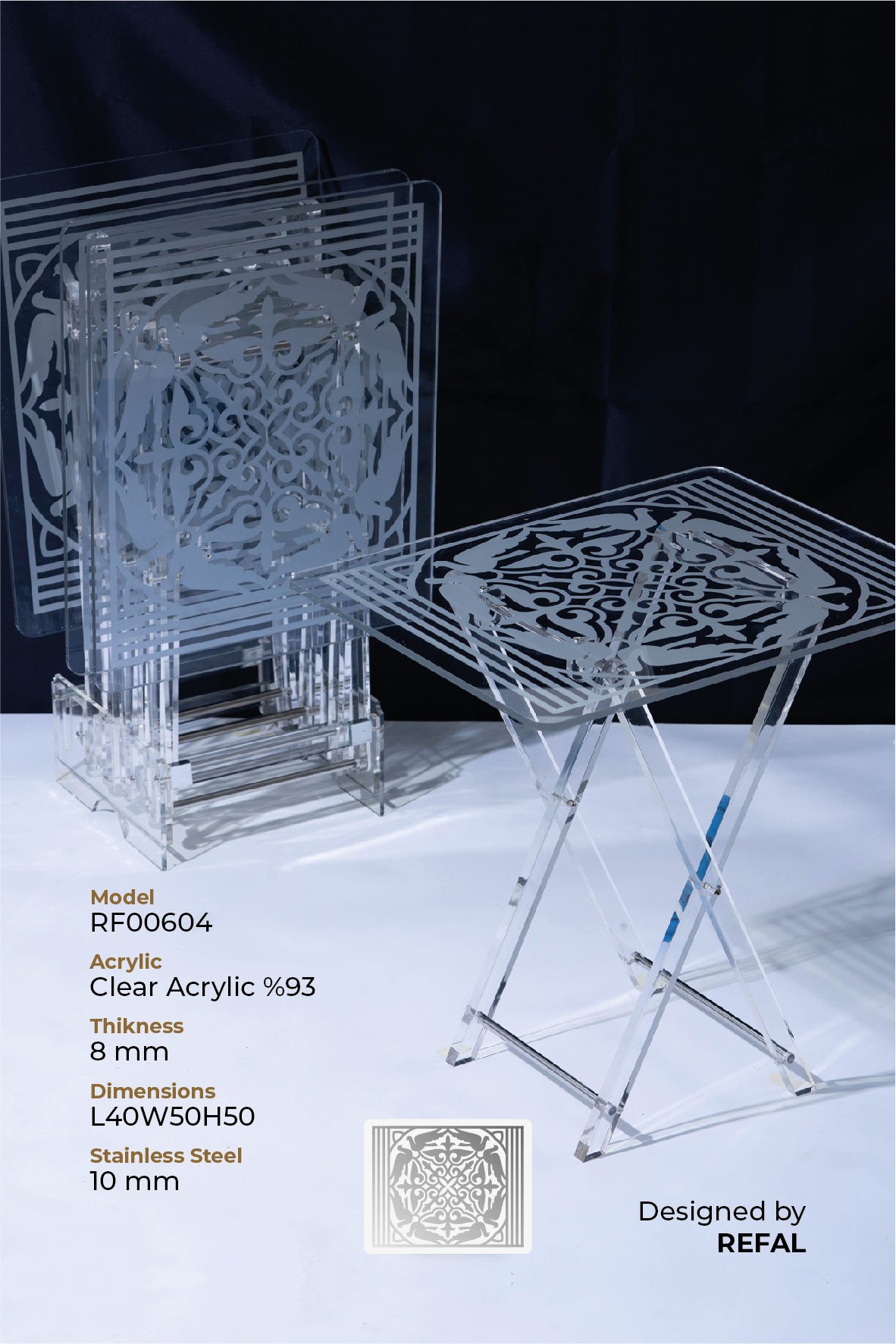 طقم 4 طاولات قهوة اكريليك تصميم مستطيل مع حامل من ريفال شفاف سلفر RF00604