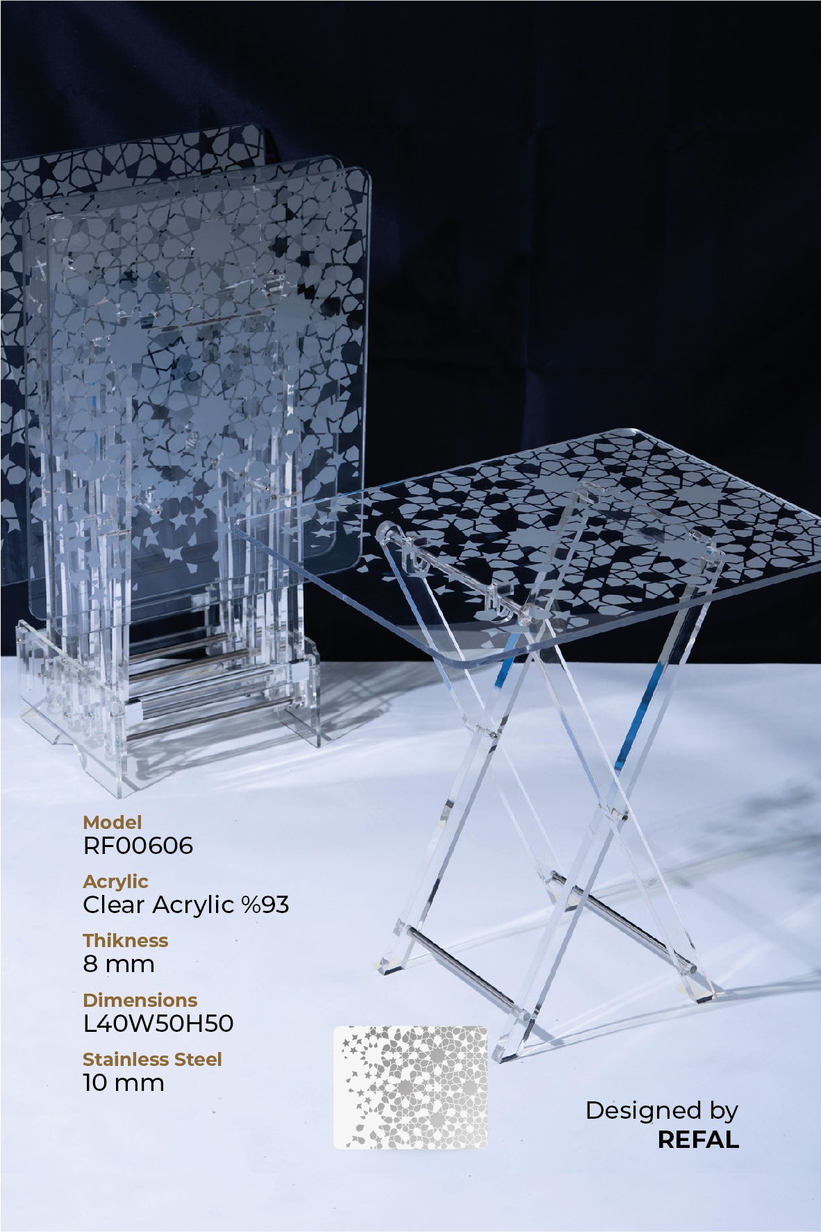 طقم 4 طاولات قهوة اكريليك تصميم مستطيل مع حامل من ريفال شفاف سلفر RF00606
