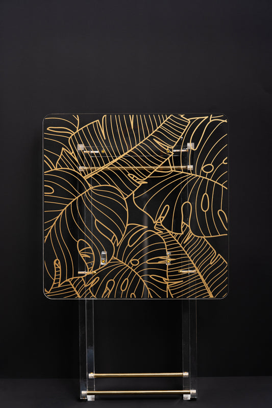 طقم 4 طاولات قهوة اكريليك تصميم مربع ذهبي و شفاف مع حامل من ريفال  RF00421